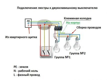 Подключение люстры к двойному выключателю: схемы + правила монтажа